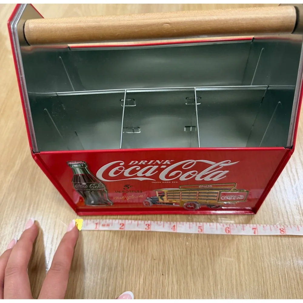 Coca-Cola Vintage Style Metal Tin Caddy Wooden Handle Red Bottle Carrier Decor